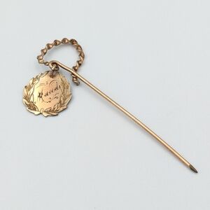 Antique Victorian engraved name dangle charm stick pin / hat pin / lapel pin